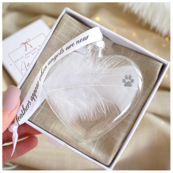 Pet Memorial Feather Bauble, Paw Print Heart Glass Christmas Ornament, Pet Remem
