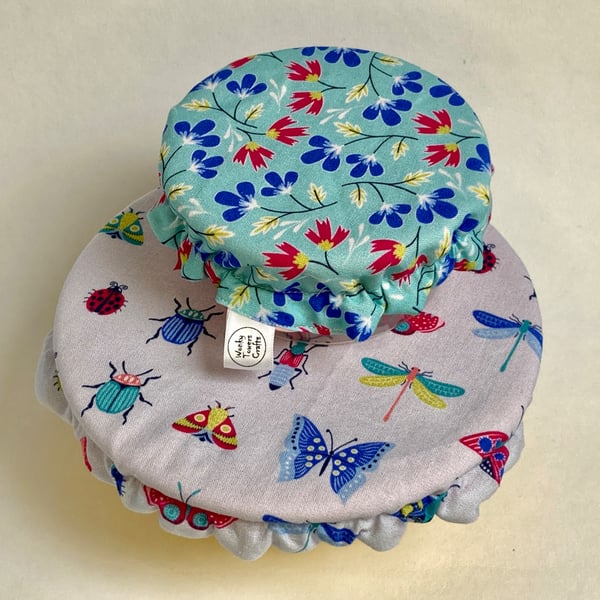Reusable bowl covers - set of two, small and extra small.  Insects and flowers.