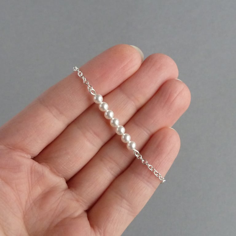White Glass Pearl and Sterling Silver Layering Bracelet - Bridal Jewellery