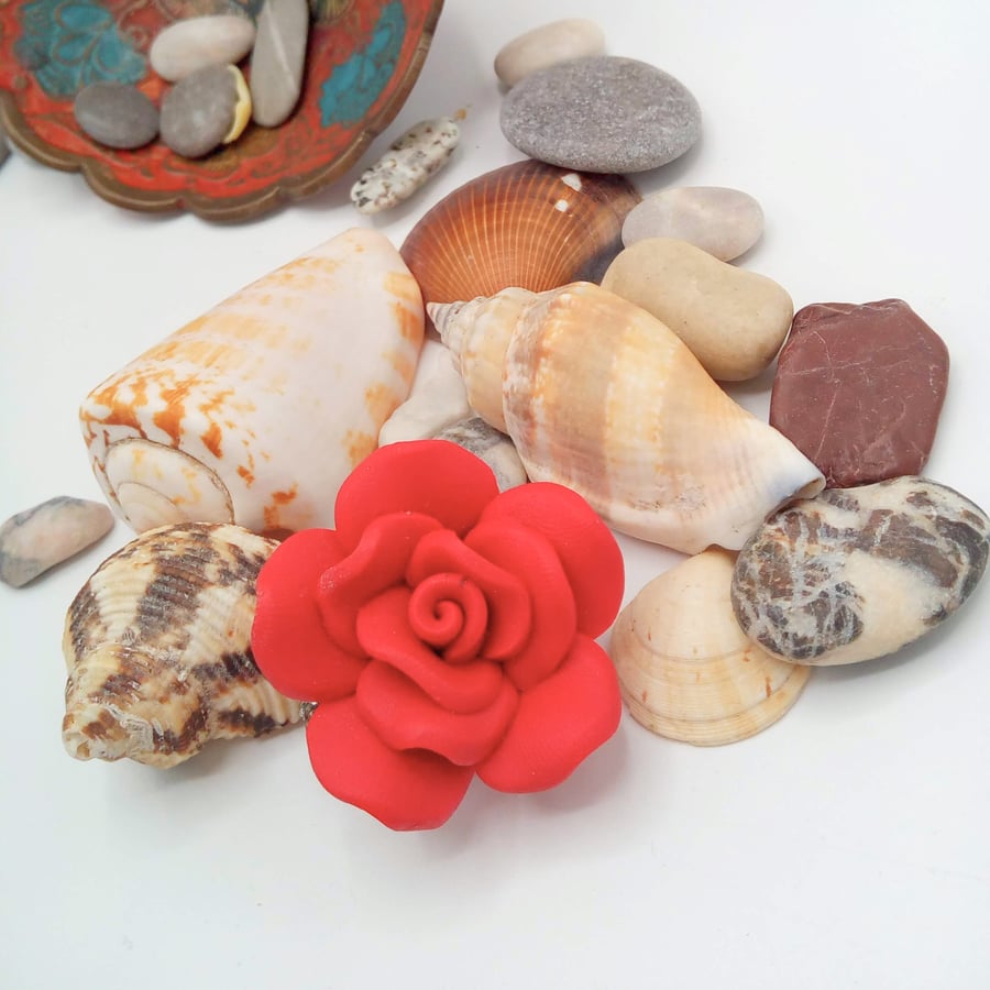 Polymer Clay Red Rose Ladies Brooch, Jewellery Gift for Her