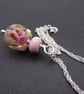 pink lampwork glass rose pendant necklace, sterling silver jewellery