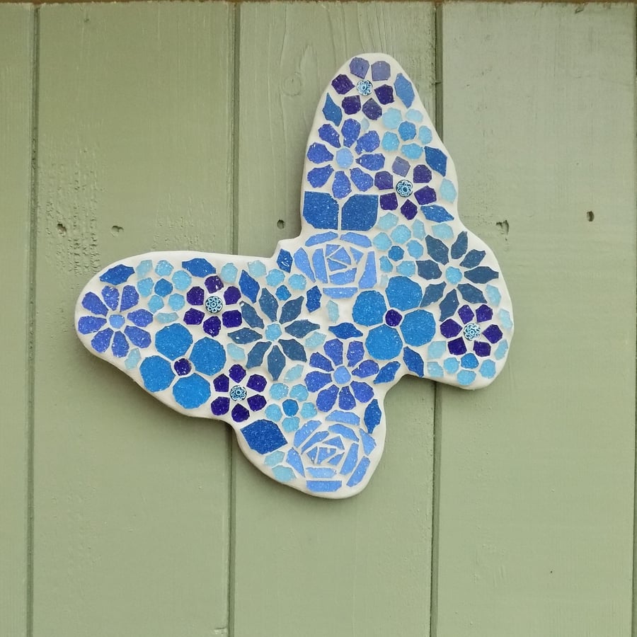 Blue Flowers Mosaic Hanging Butterfly Garden Decoration
