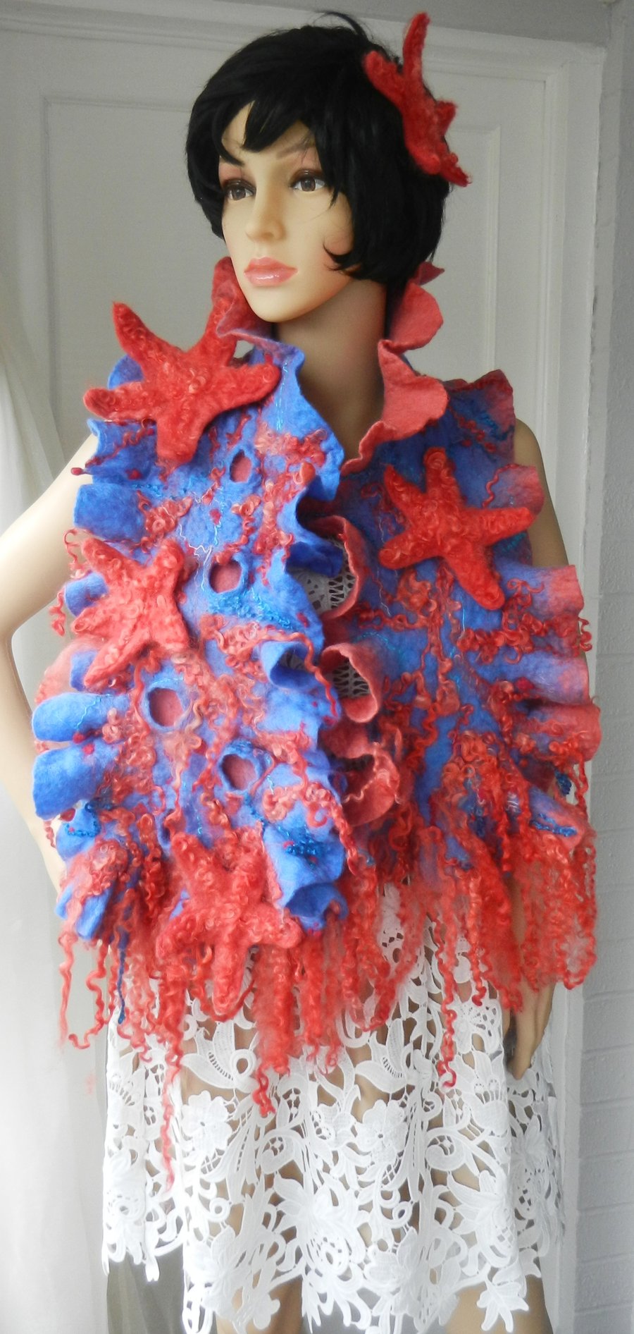 Hand Felted, Wool felted soft ART SCARF  -coral-