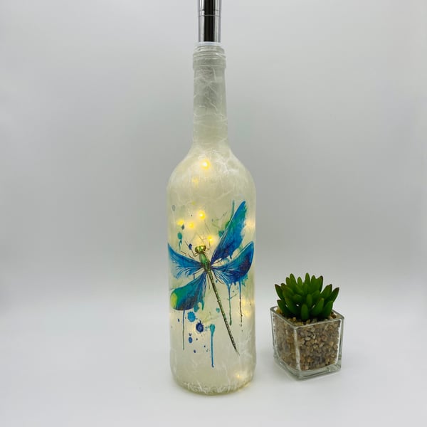 Decoupage bottle with lights dragonfly