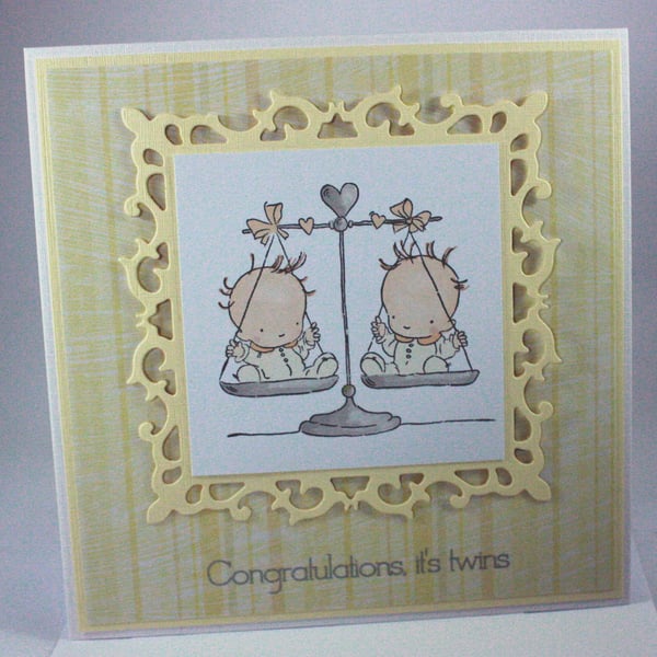 Handmade new baby card - twins neutral