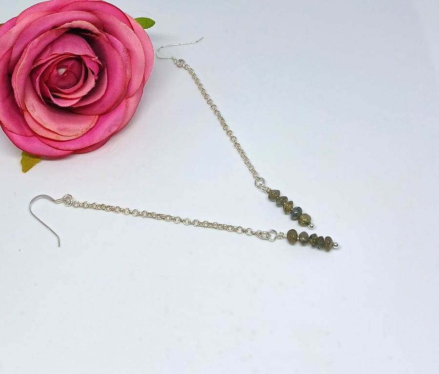 Labradorite Threader Earrings, Labradorite Sterling Silver Earrings, Sterling Si