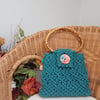 Eton Blue Macrame Handbag with bamboo handle, made in the Welsh Valleys