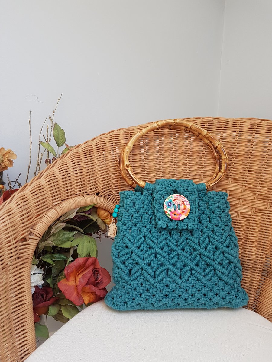 Eton Blue Macrame Handbag with bamboo handle, made in the Welsh Valleys