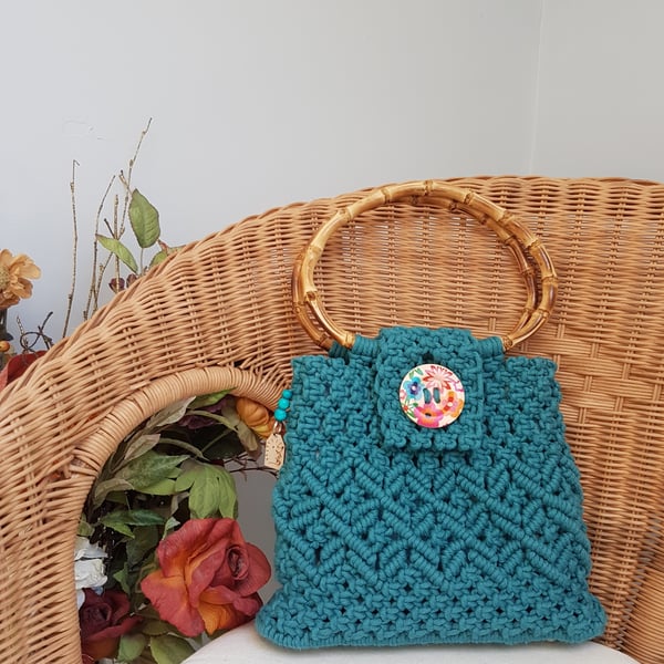 Eton Blue Macrame Handbag with bamboo handle, made in the Welsh Valleys