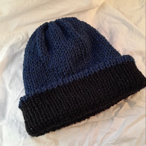 Blue and black sparkle knit reversible beanie