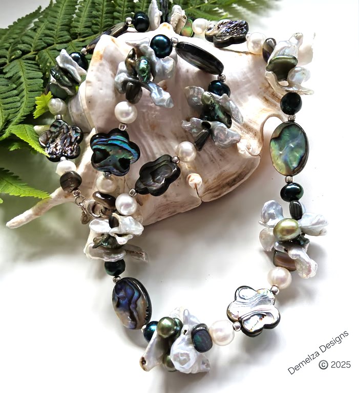 Designer Kewi & Freshwater Pearls,  Abolone Shell, Sterling Silver Necklace