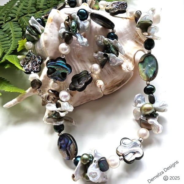 Designer Kewi & Freshwater Pearls,  Abolone Shell, Sterling Silver Necklace