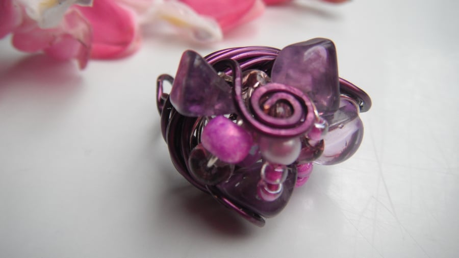 Amethyst Cluster Nest Ring - Purple Plated Copper 