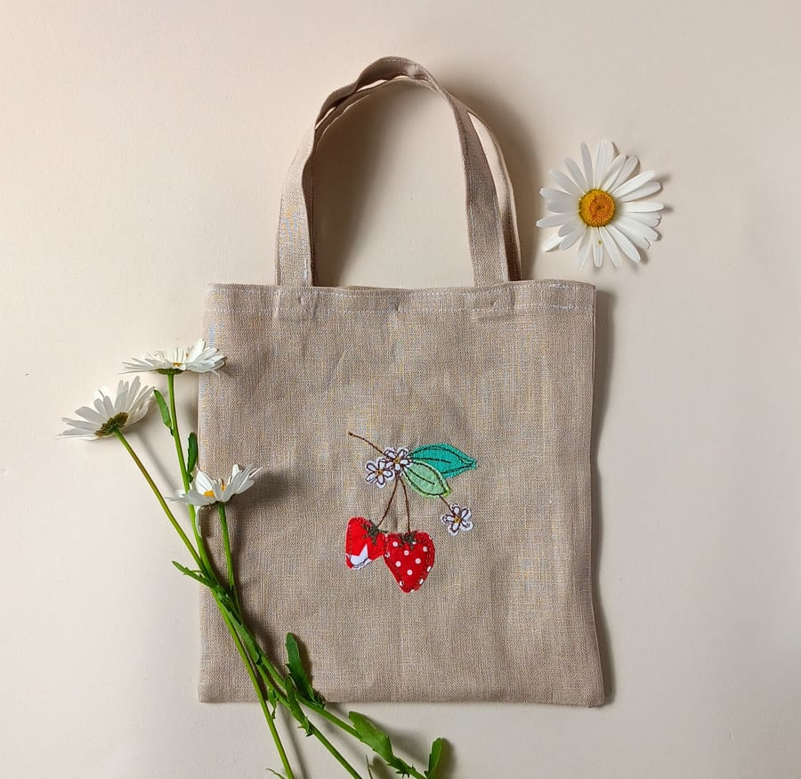 Project Bag or Book Bag with Embroidered Strawberries 