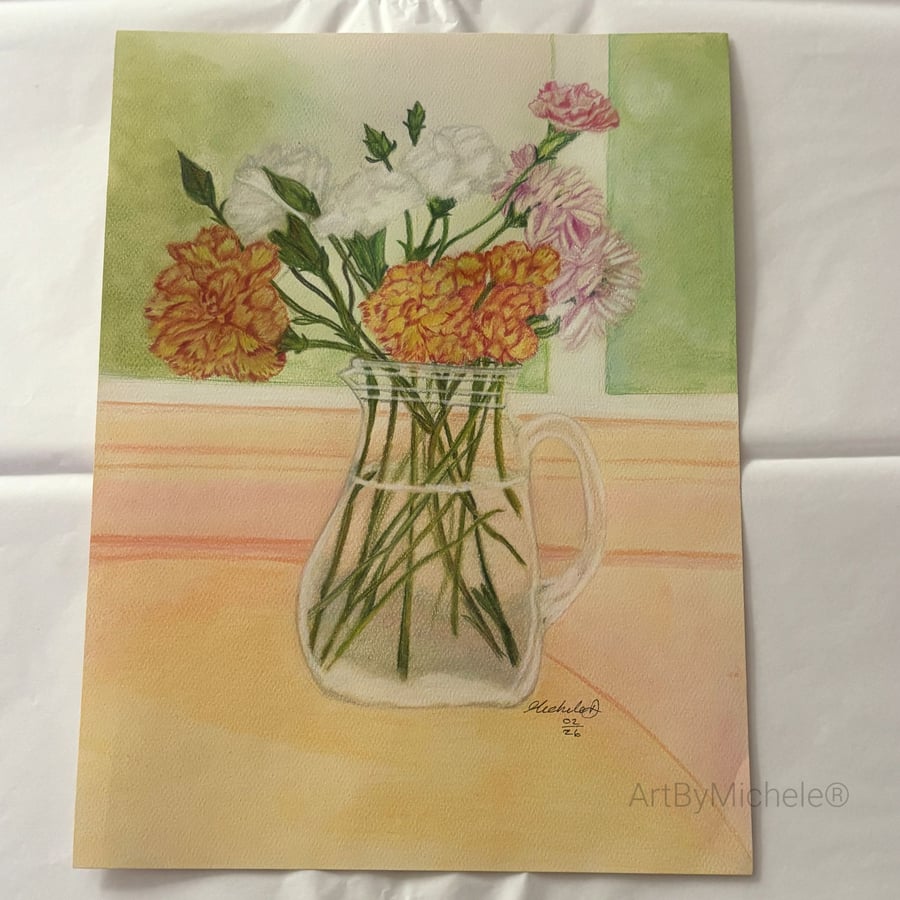 Flowers In Bloom Original Artwork 9x12, Mixed Media