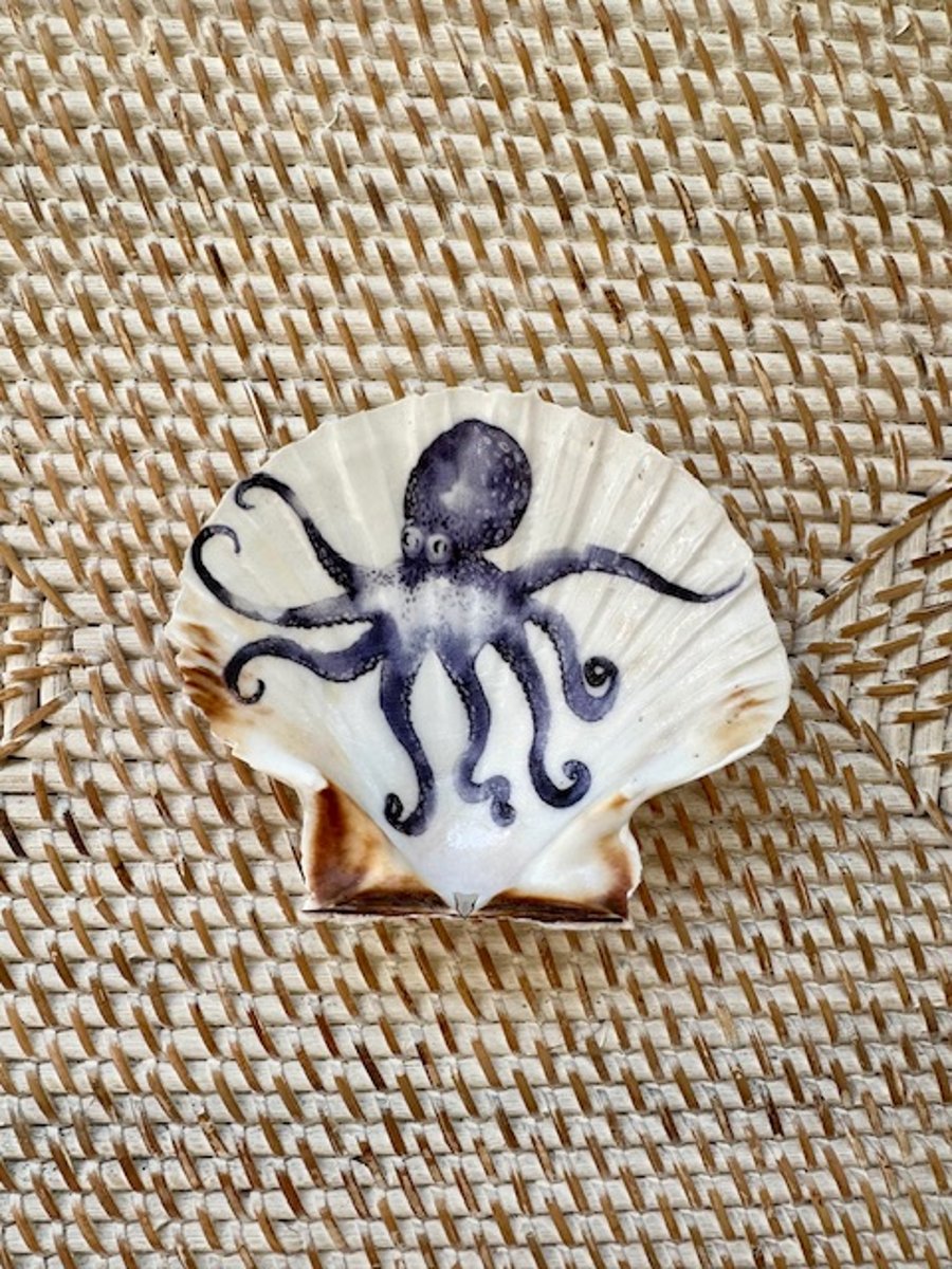 Octopus Scallop Shell Art  - Handcrafted Coastal Nautical Sea Art