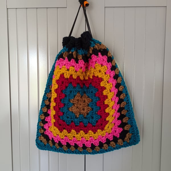 Crochet Granny Square Drawstring Bag