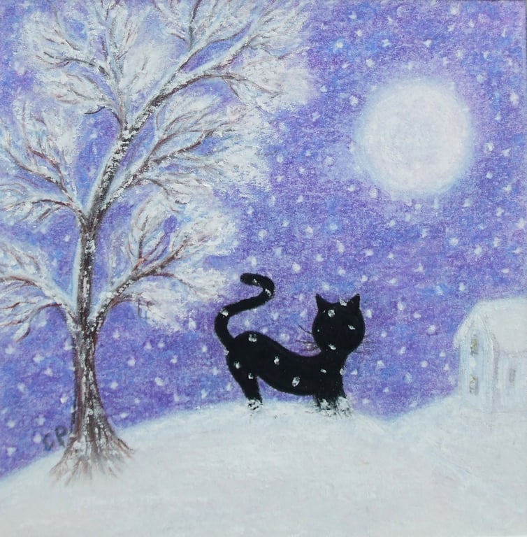 Black Cat Christmas Card, Snow Tree Moon, Purple Art Card, Daughter Christmas