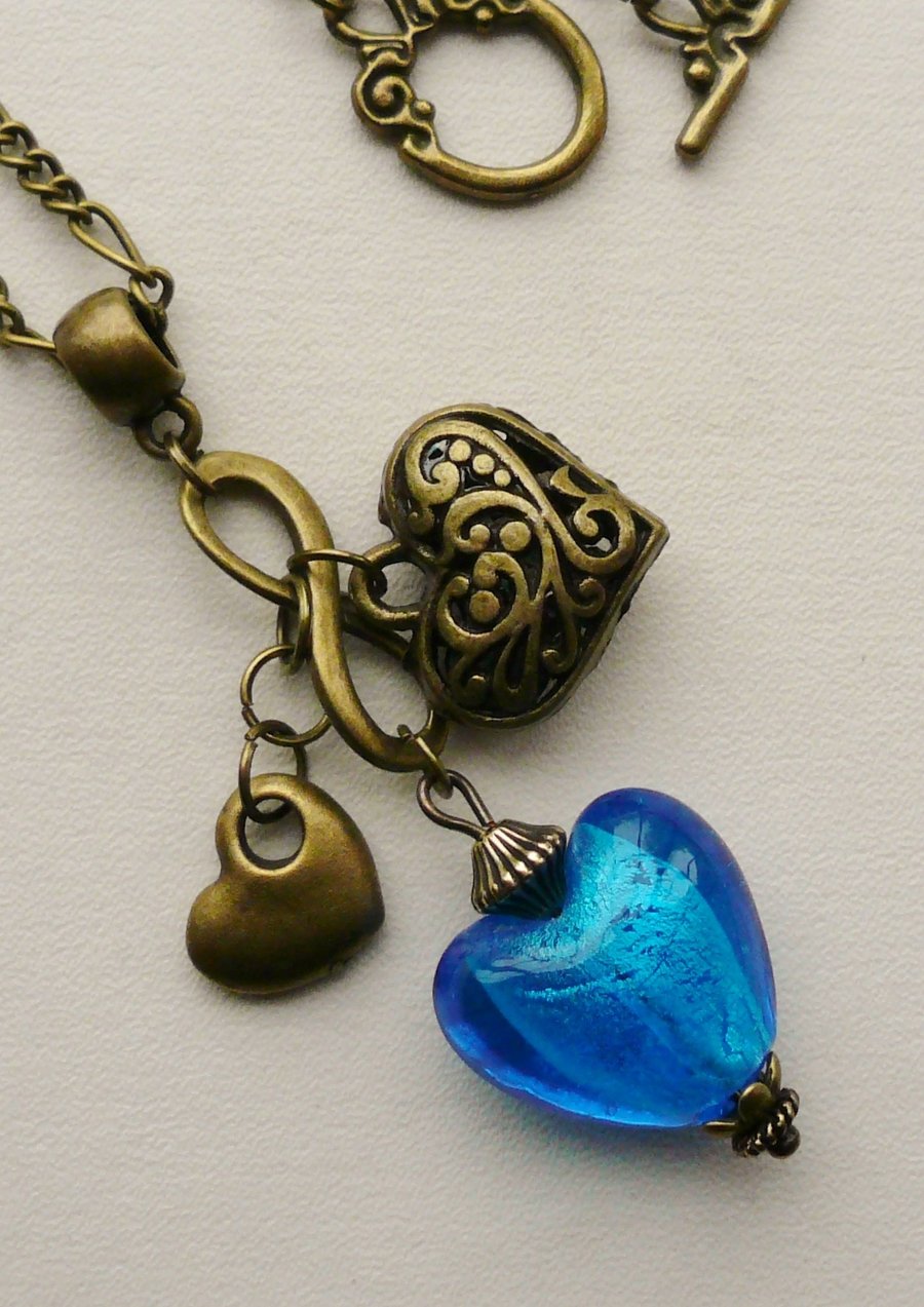 Cobalt Blue Glass Antique Bronze Heart Necklace   KCJ602