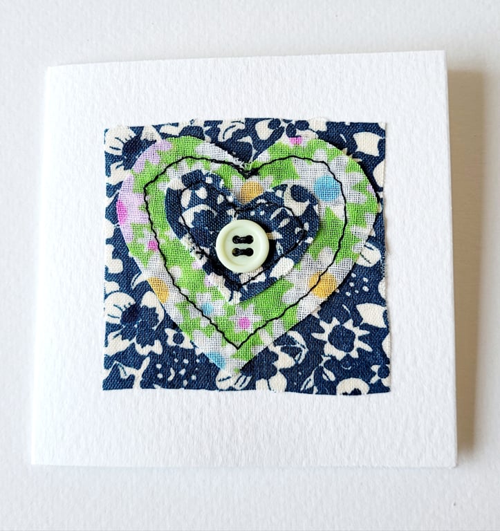 Handmade 'Floral Heart and Yellow Button' Fabric Blank Greeting Card 