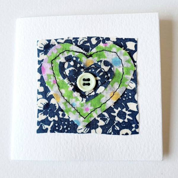 Handmade 'Floral Heart and Yellow Button' Fabric Blank Greeting Card 