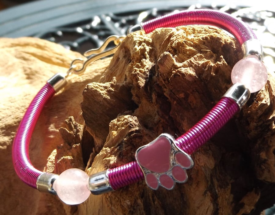 Paw Print dog charm hot pink wire bracelet