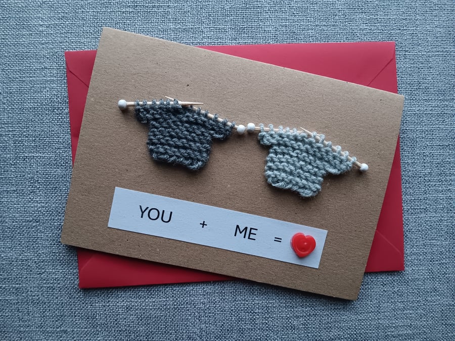 You and Me, Love, Valentine Card with 2 tiny knitted jumpers Size 6" x 4"