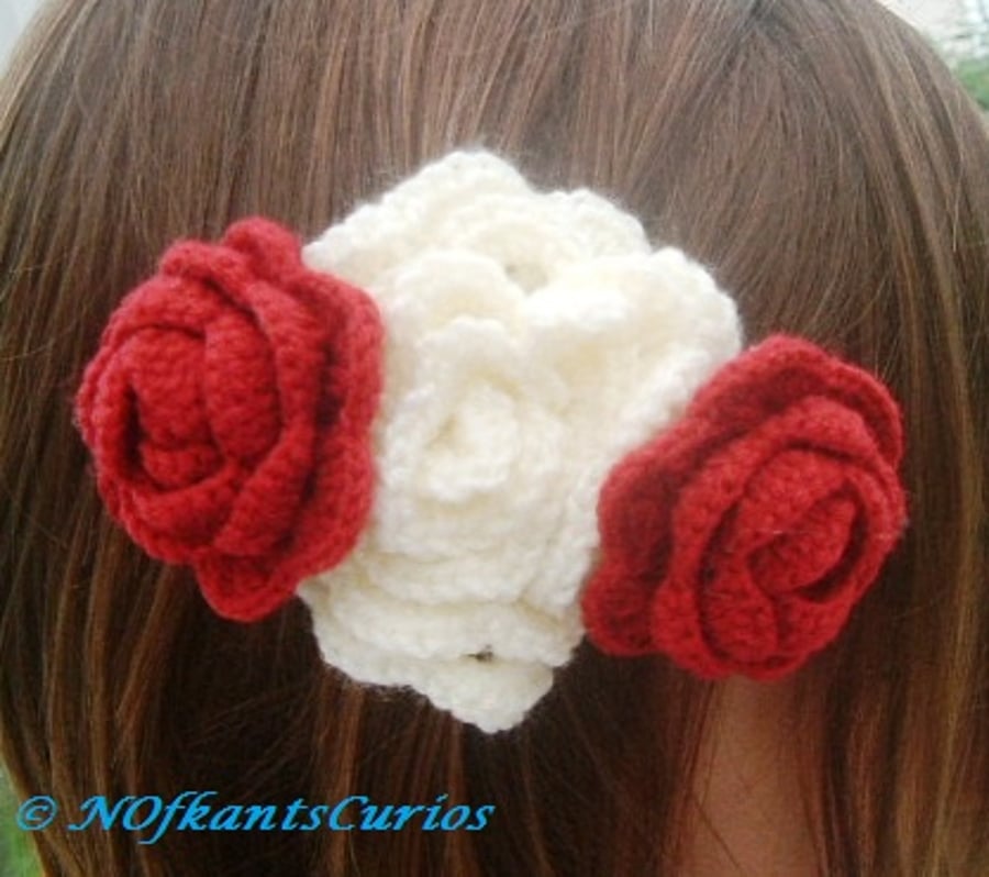 War of the Roses!  Triple Rose Romantic Crocheted Hair Accessory!
