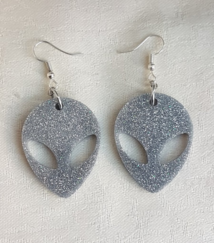 Sparkly Silver Alien Head Earrings