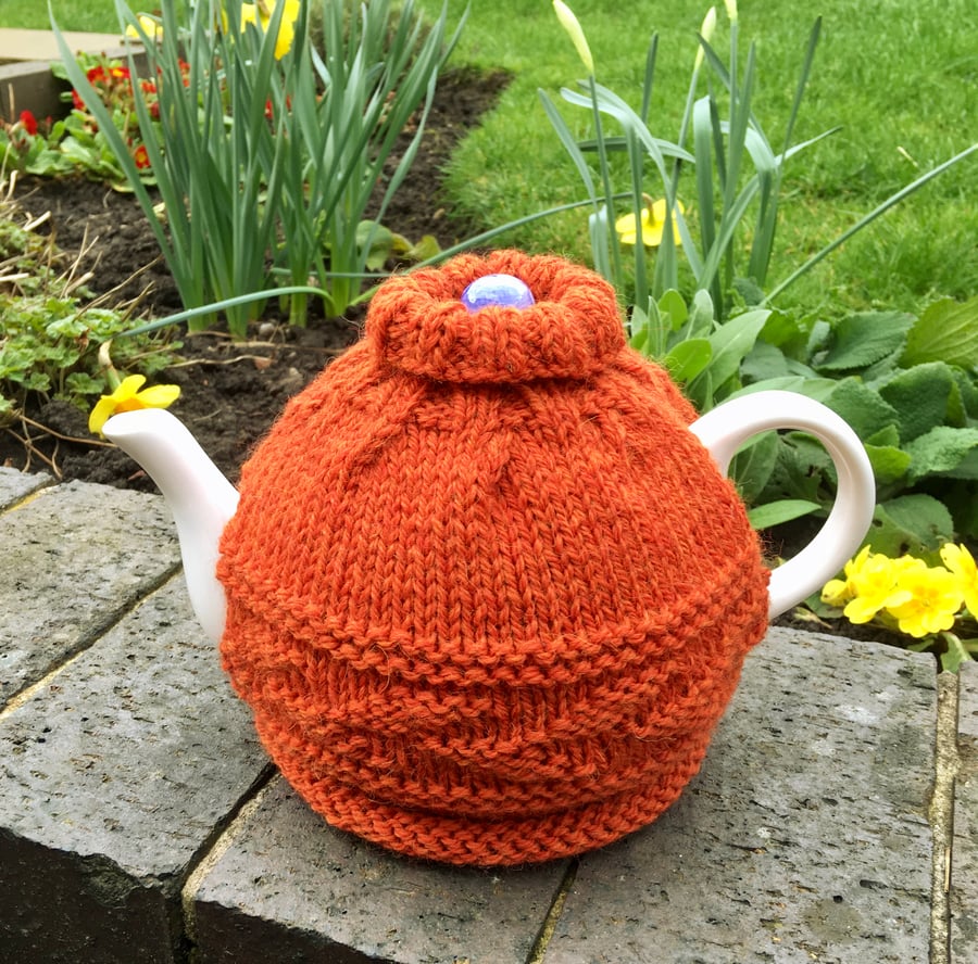 Luxury Wool and Alpaca Knitted Tea Cosy, Orange Leaf Design Roll Neck Tea Cozy