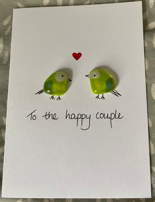 Fused glass lovebirds card to celebrate a wedding, engagement or anniversary 