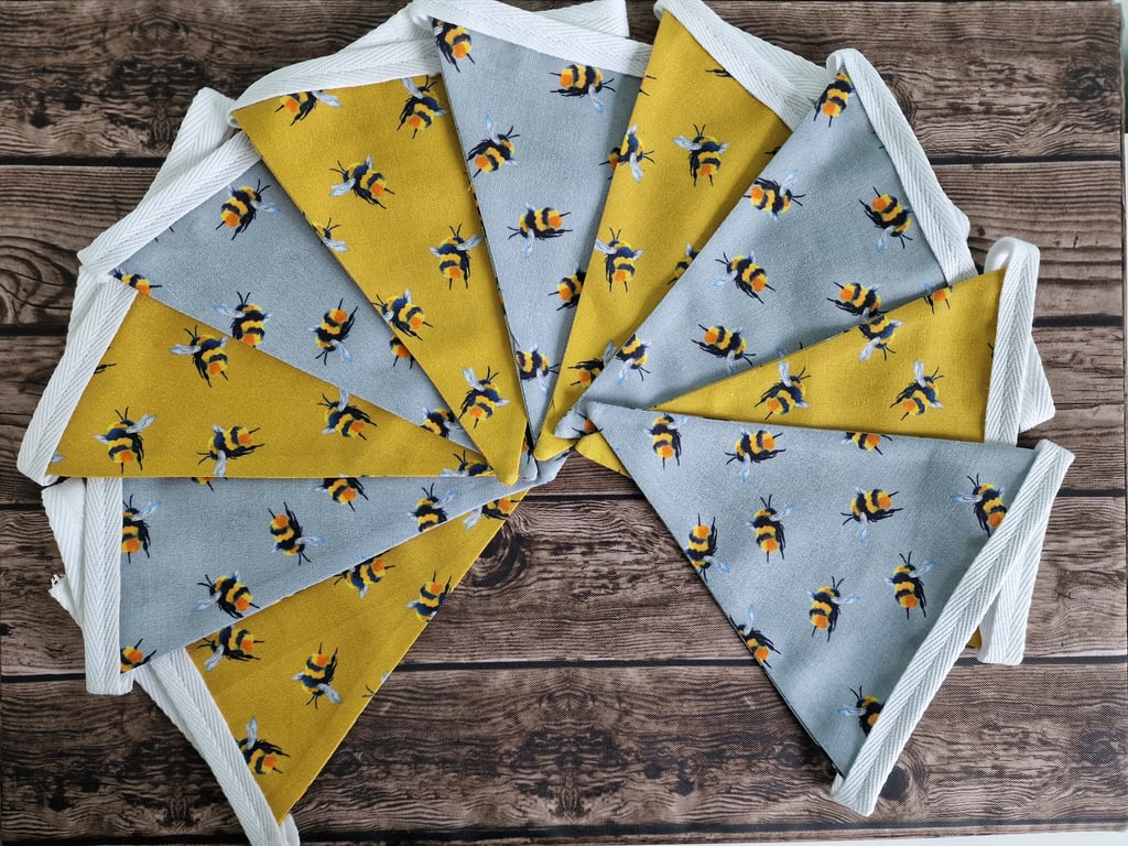 Bee Fabric Double Sided Handmade Fabric Bunting - grey & mustard