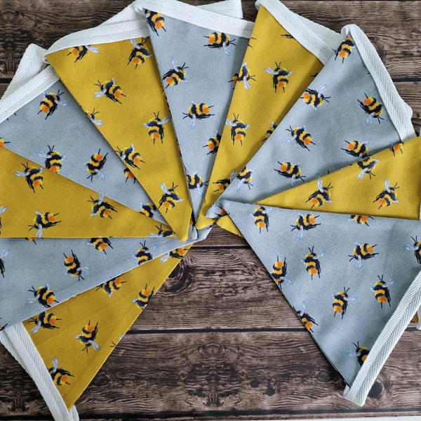 Bee Fabric Double Sided Handmade Fabric Bunting - grey & mustard