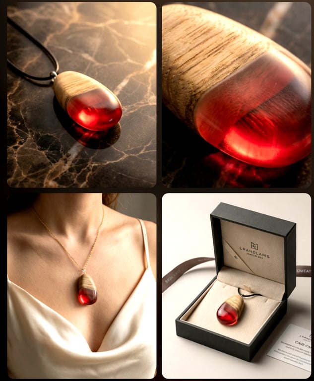 Unique oak and red resin glow in the dark necklace