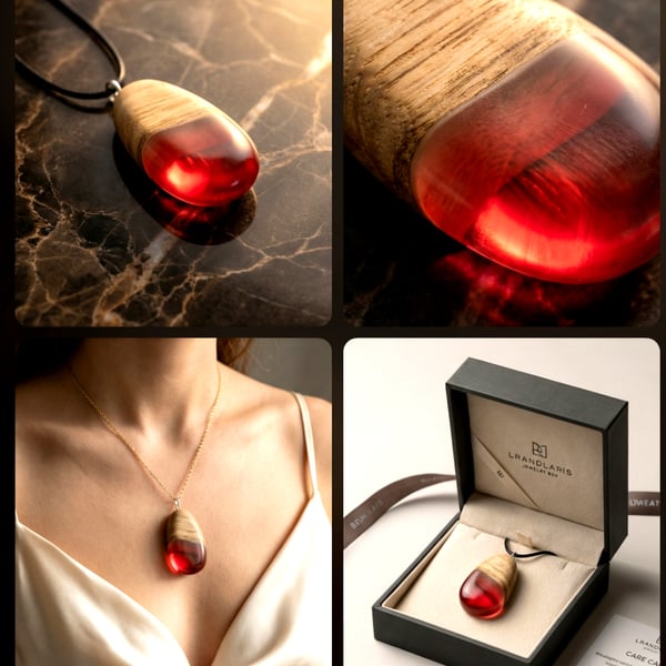 Unique oak and red resin glow in the dark necklace