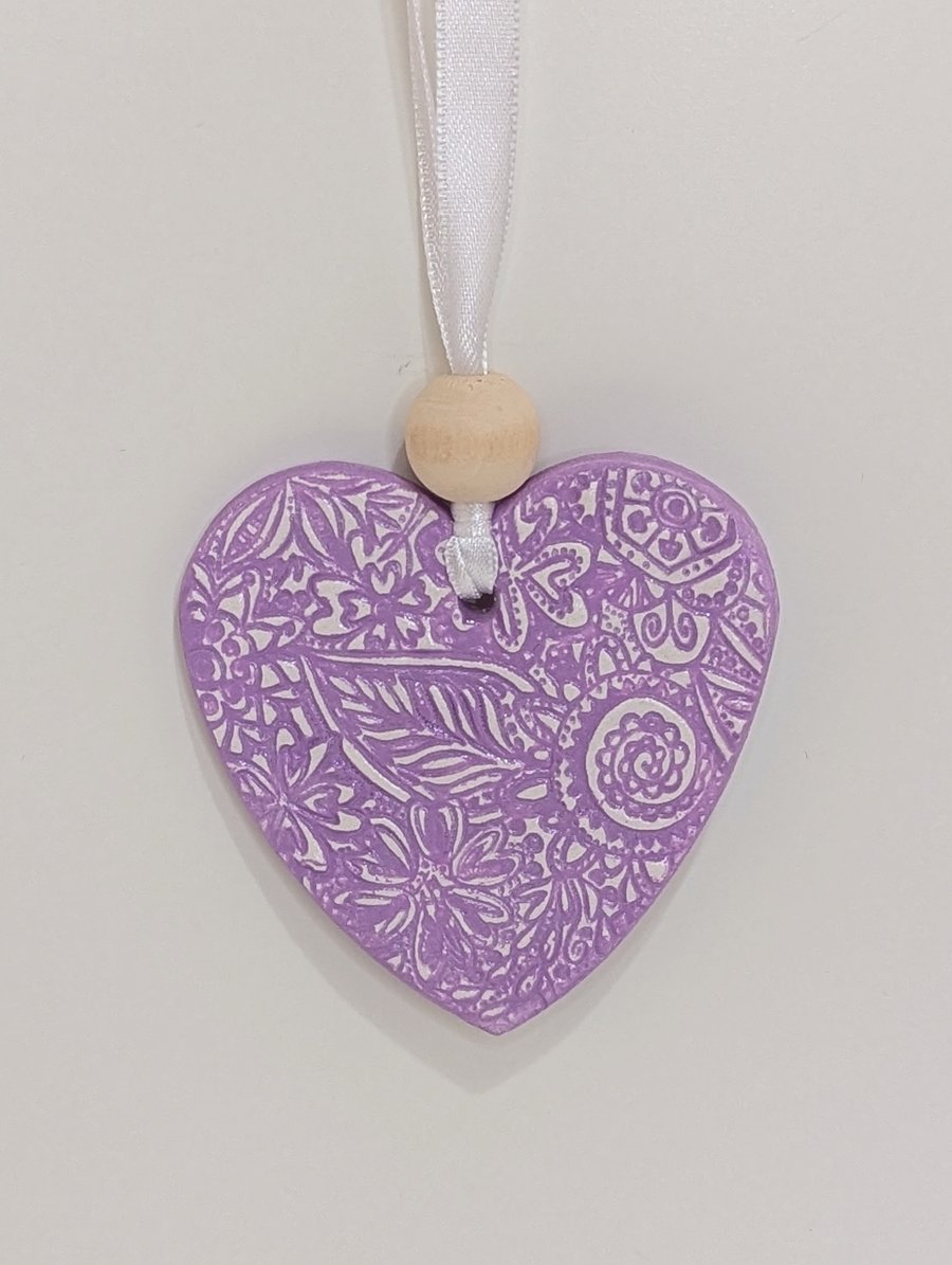  Heart decoration, pretty lilac clay hanging ornament, gift for her
