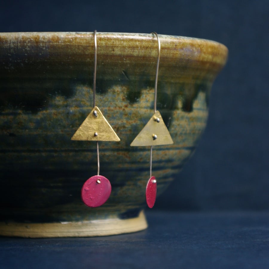Brass Triangle and Red Circle Long Dangle Earrings