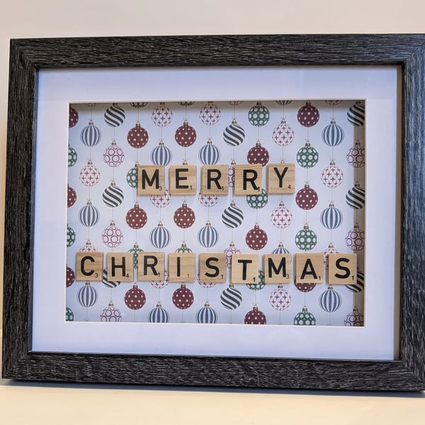 Framed Scrabble Merry Christmas picture with baubles background 