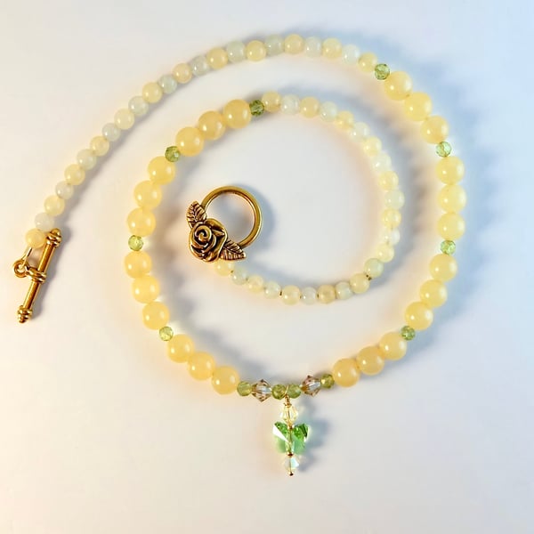 Ambronite, Peridot And Crystal Butterfly Necklace - Handmade Gift, Birthday, Leo