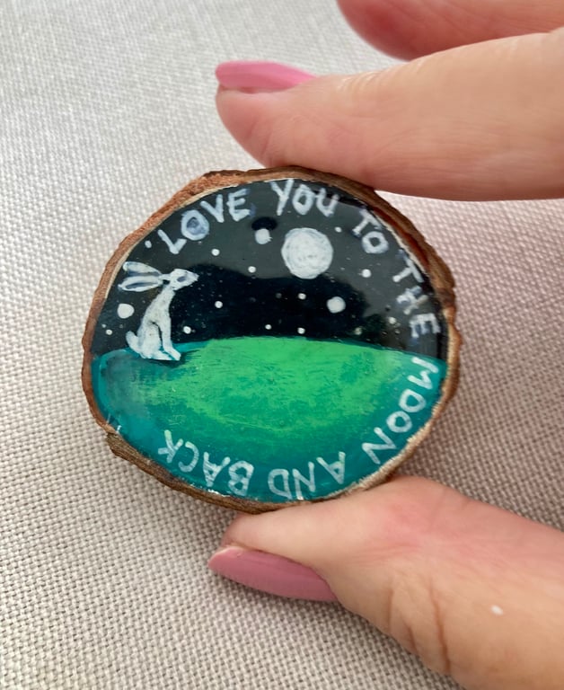 Moon Gazing Hare Brooch Painted Wood Slice Love You To The Moon & Back
