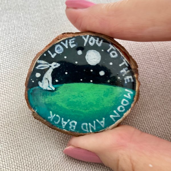 Moon Gazing Hare Brooch Painted Wood Slice Love You To The Moon & Back