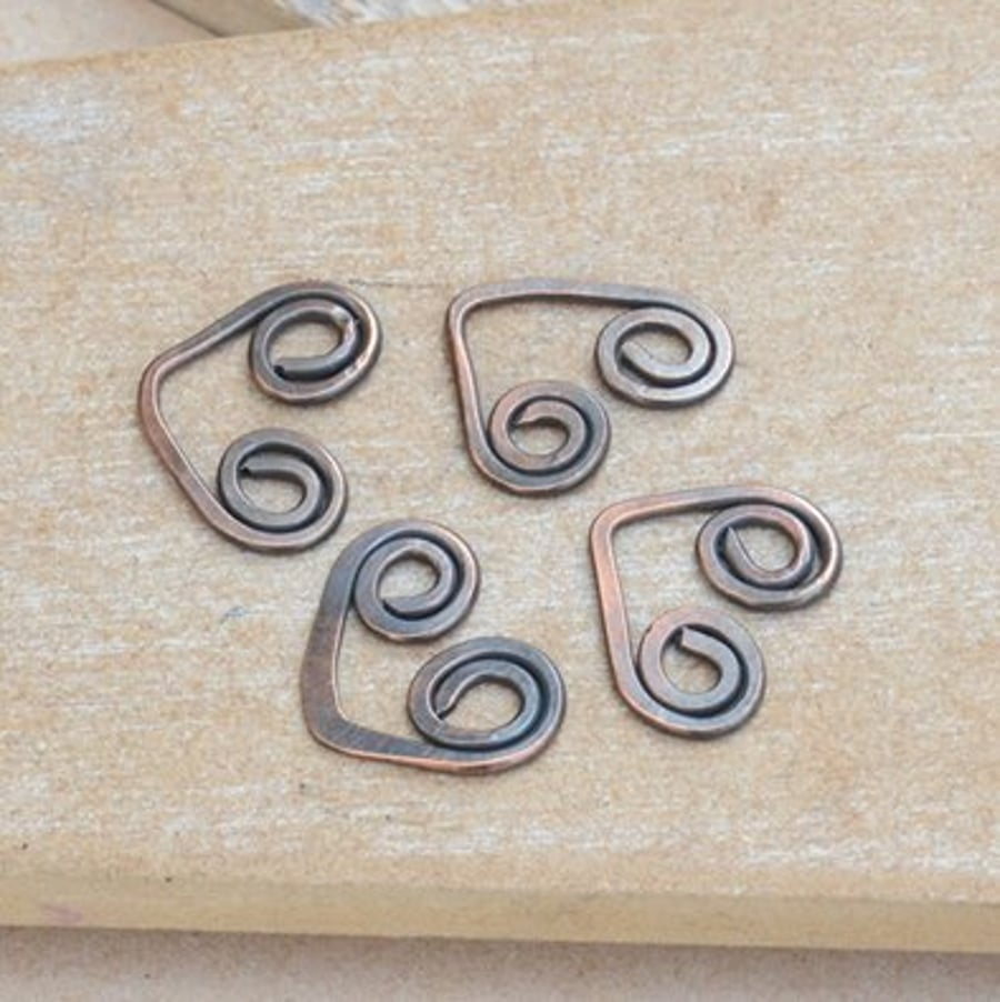 Handmade Copper Deco Heart Links - Set of 4 - Oxidised