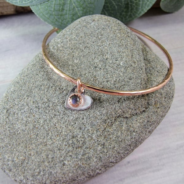 Copper Bangle. Bracelet with Silver, Copper and Labradorite Heart Charm. Medium
