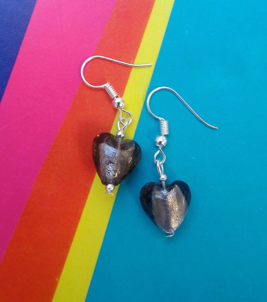 Shimmering Grey Glass Heart Earrings