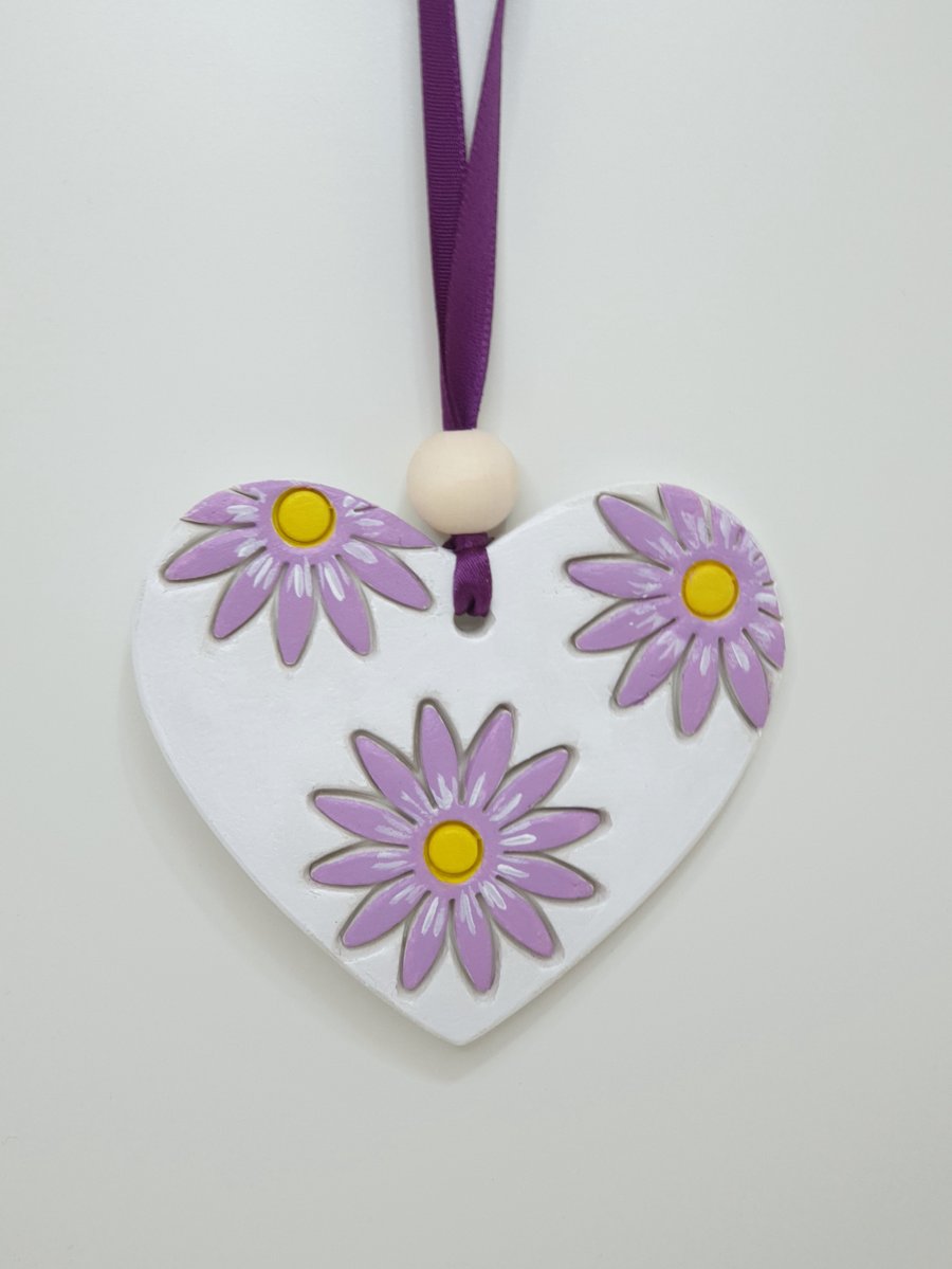Pretty clay heart hanging decoration, floral gift for her