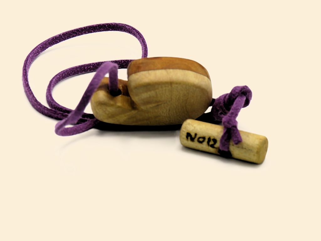 Carved wood Colon shaped pendant with purple necklace: SKU-N12