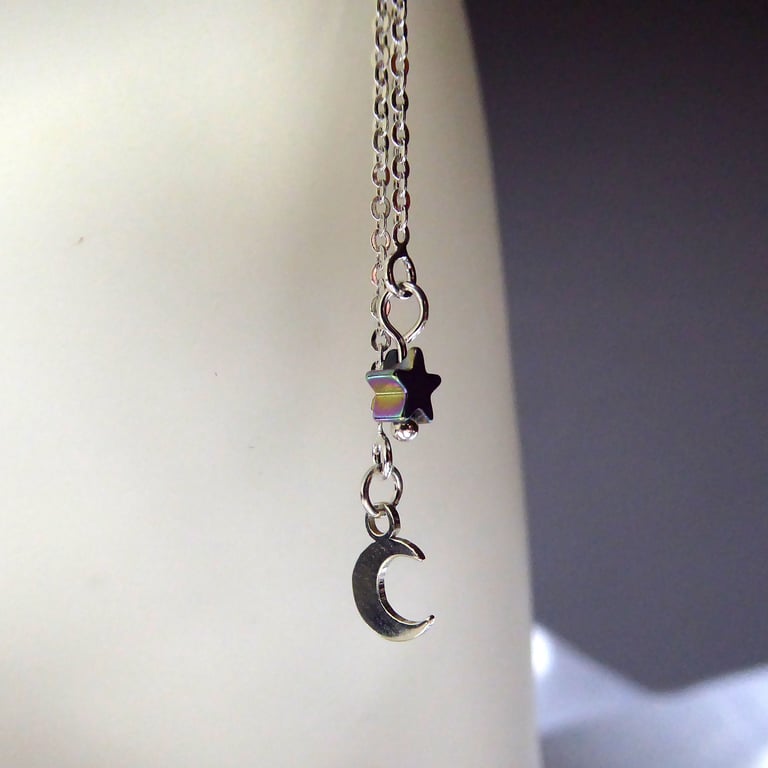 Sterling Silver Crescent Moon Earrings with Hematite Star