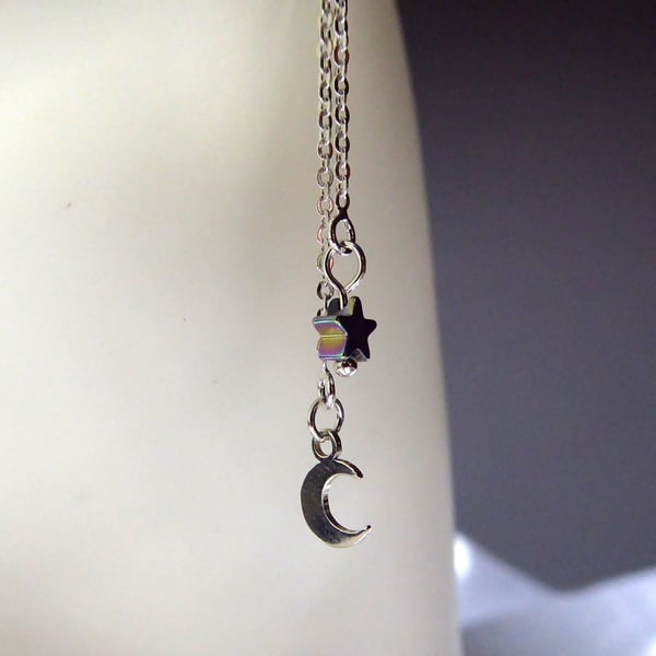 Sterling Silver Crescent Moon Earrings with Hematite Star