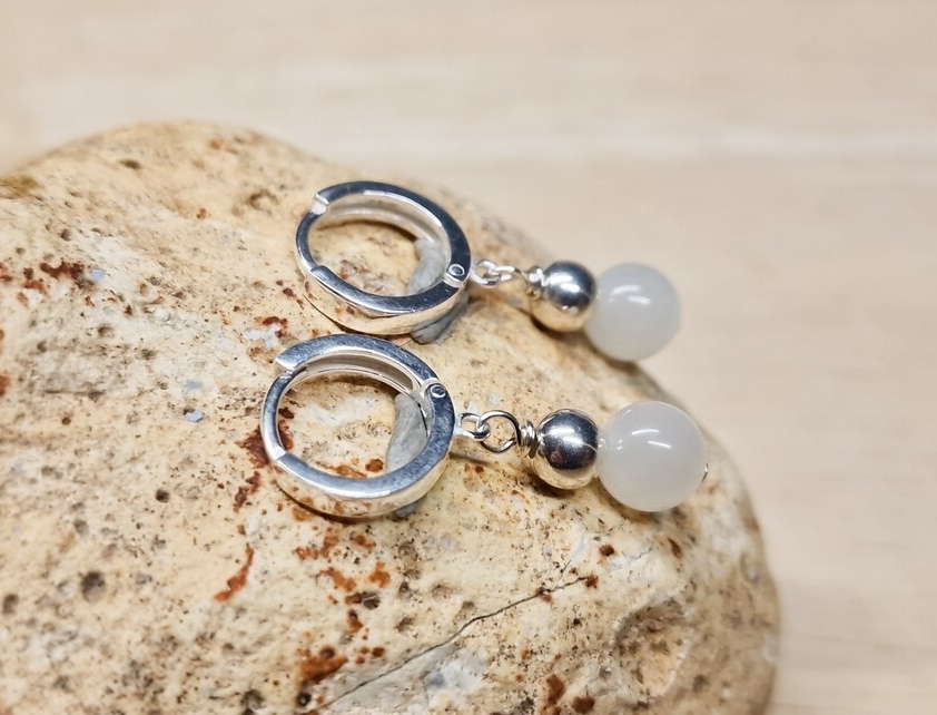 Moonstone huggie hoop earrings. Sterling silver. June Birthstone
