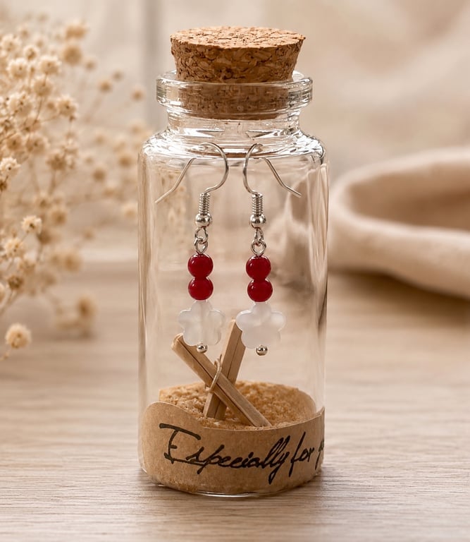  Red Coral & Mother of Pearl Earrings in a Message Bottle.